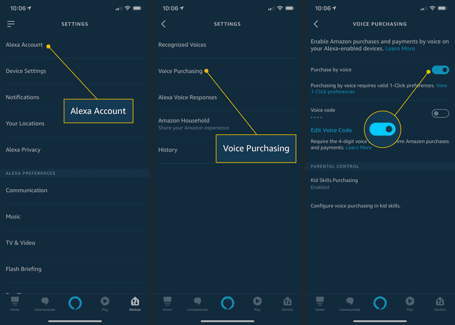 Alexa-tili, puheostokset, osto äänikytkimellä iOS:n Alexa-asetuksissa