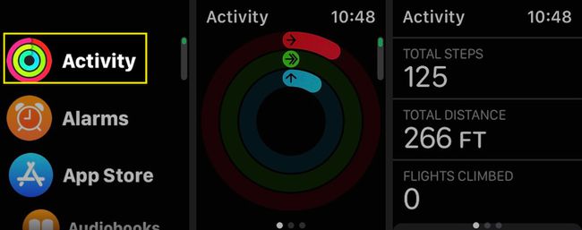 Voit tarkistaa nykyiset askeleet ja portaat käynnistämällä Activity-sovelluksen Apple Watchissa ja vierittämällä alaspäin nähdäksesi nykyiset kokonaisaskeli, kokonaisetäisyys ja nousseet lennot.