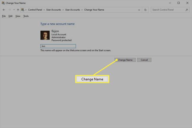 Tekstiruutu tilin nimen muuttamiseen Windows 10:ssä