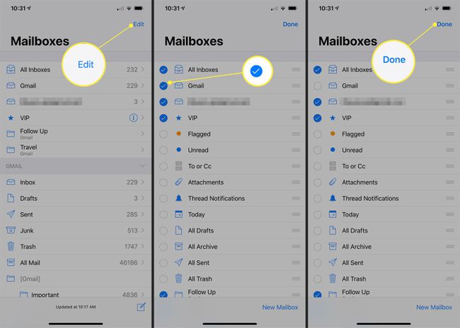 Muokkaa-painike, valintaruutu ja valmis iOS-postilaatikot-näytössä