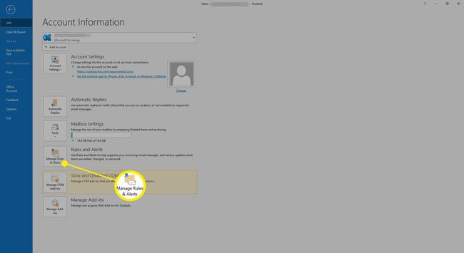 Valitse Hallitse sääntöjä ja hälytyksiä Outlookissa.