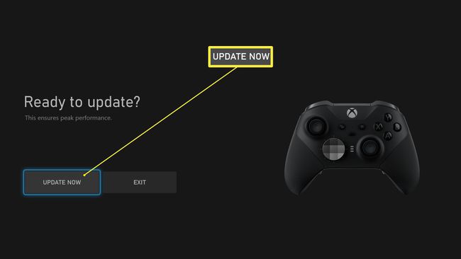 Xbox-ohjain on valmis päivitettäväksi, ja Päivitä nyt -valintaikkuna on korostettuna