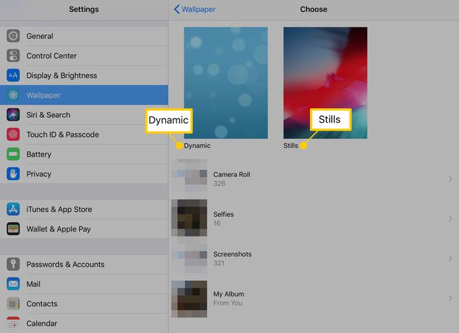 Dynamic- ja Stills-taustakuvavaihtoehdot iPadissa