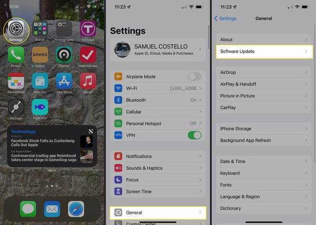 iPhone, jossa on Asetukset-sovellus, Yleiset ja Ohjelmistopäivitys korostettuina