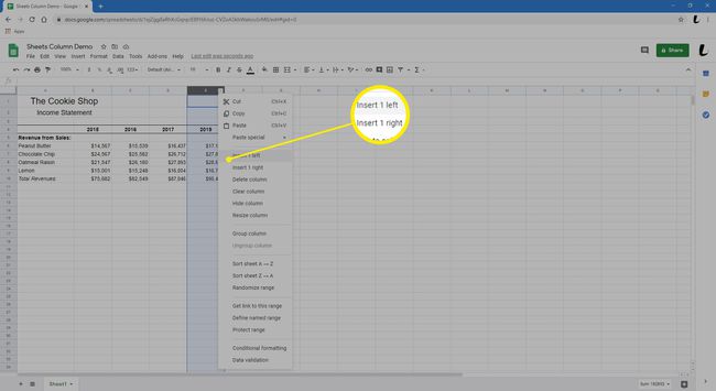 Valitse lisätäksesi sarakkeen Sheetsiin.
