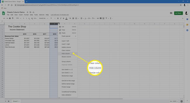 Valitse tämä, jos haluat piilottaa sarakkeen Sheetsissä.