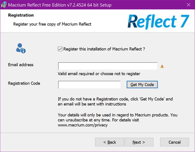 Macrium Reflect Free Edition -rekisteröinti