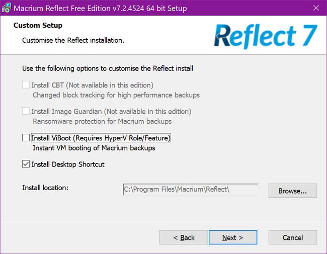 Macrium Reflect Free Edition mukautettu asennus