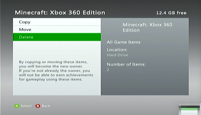 Poista-painike Minecraftin poistamiseksi Xbox 360:stä