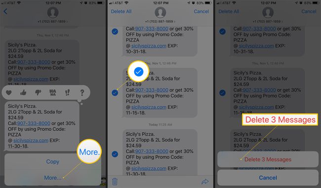 Kolme iOS-näyttöä, joissa on lisää-painike, poistettavien viestien valintaruutu ja vahvistuspainike Poista 3 viestiä