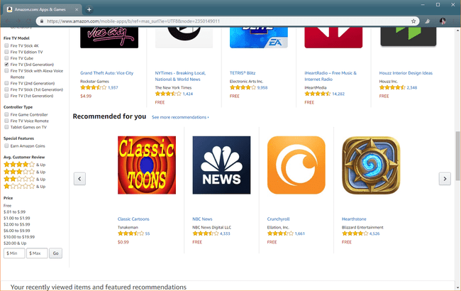 Kuvakaappaus Amazon-sovelluskaupasta, jossa näkyy Fire TV -mallivaihtoehto.