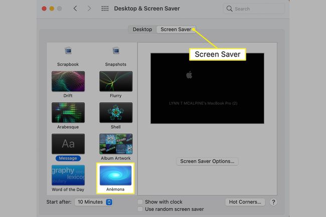 Näytönsäästäjä-välilehti Mac-työpöydällä ja näytönsäästäjä-asetuksissa