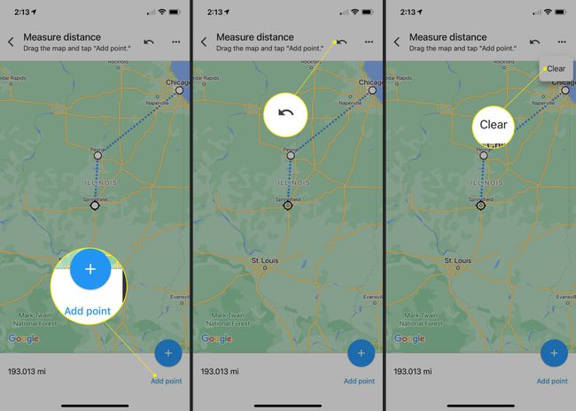 Vaiheet ylimääräisen etäisyyden mittauspaikan lisäämiseksi Google Maps -sovellukseen, jossa Lisää piste, Kumoa ja Poista korostettuina