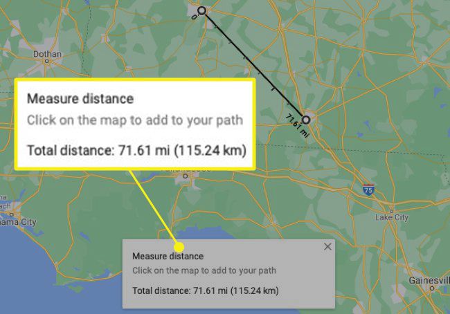 Google Maps, johon on lisätty toinen paikannuspiste ja Mittaa etäisyys -ikkuna korostettuna