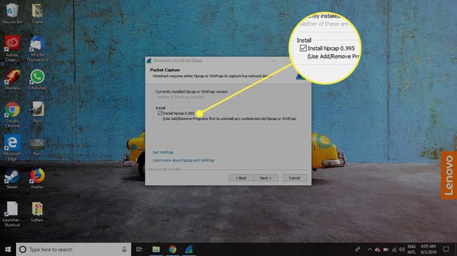 Näyttökaappaus Wiresharkin asennusnäytöstä, jossa "Asenna Npcpap" -vaihtoehto on korostettu