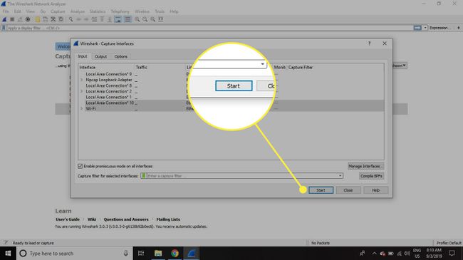 Näyttökaappaus Wireshark-kaappausliittymäikkunasta, jossa Start-painike on korostettuna
