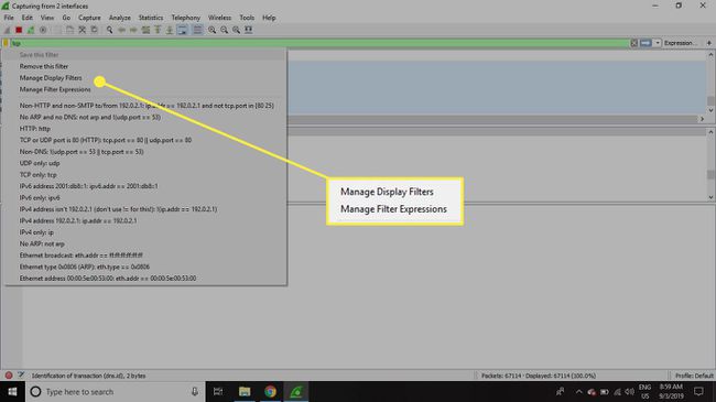 Kuvakaappaus Wiresharkista, jossa komennot Hallitse näyttösuodattimia ja Hallitse suodatinlausekkeita korostettuina