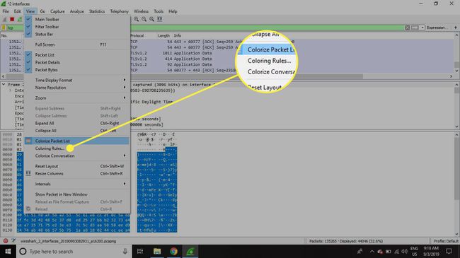 Kuvakaappaus Wiresharkin Näytä-valikosta, jossa Color Rules -komento on korostettuna