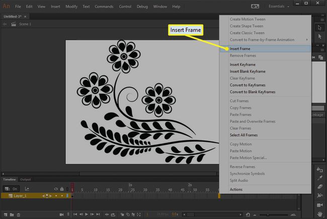 Adobe Animate CC Insert Frame korostettuna