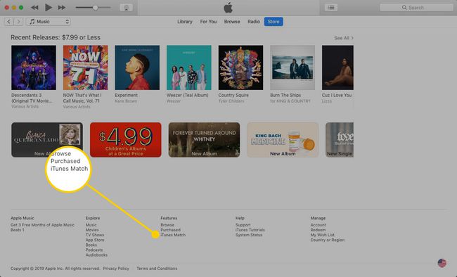 iTunes Macissa, jossa iTunes Match -kohde on korostettuna
