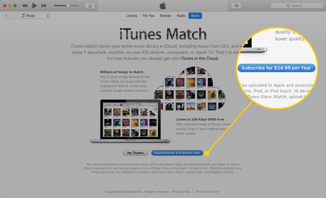 iTunes Match -näyttö, jossa Tilaa-painike on korostettuna