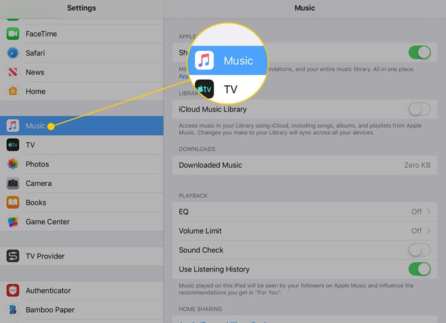 Asetukset-sovellus iPadissa, jossa Musiikki-otsikko on korostettuna