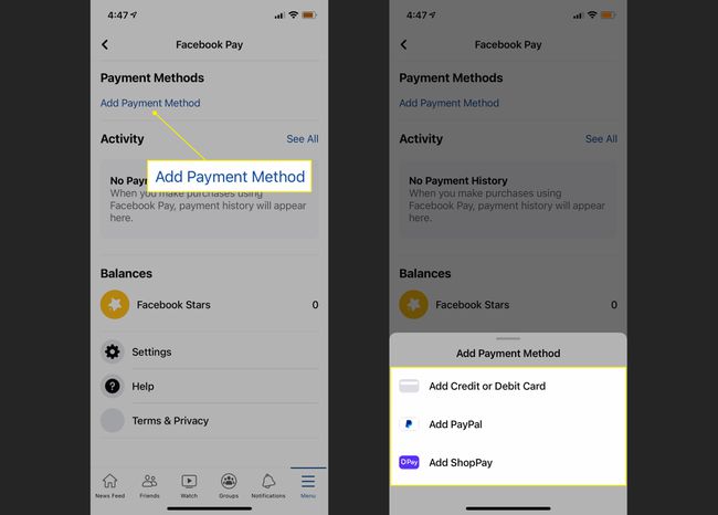 "Lisää maksutapa" -otsikko ja vaihtoehdot Facebookin asetuksissa