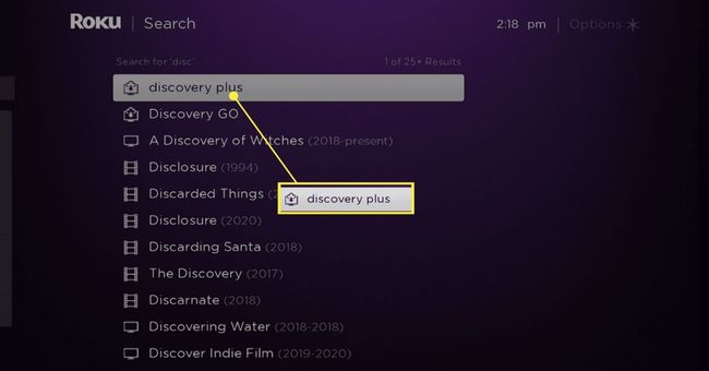 Discovery Plus korostettuna Roku-hakutuloksissa.