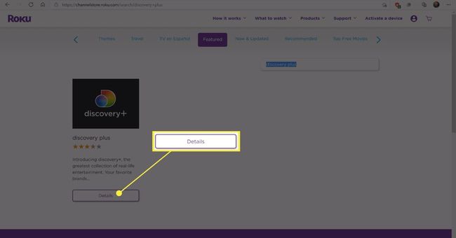 Discovery Plus:n Roku Channel Storen tiedot-painike.
