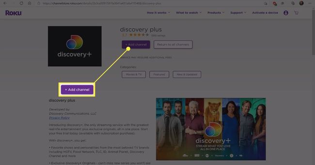 Lisää kanava -painike Roku Channel -kaupan Discovery Plus -sivulla.