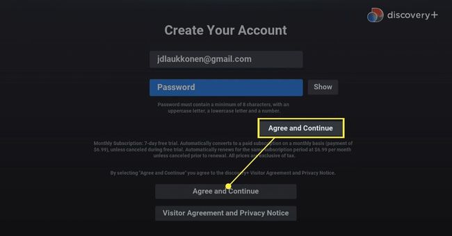 Hyväksy ja jatka -painiketta, kun luot Discovery+ -tilejä Rokulle.