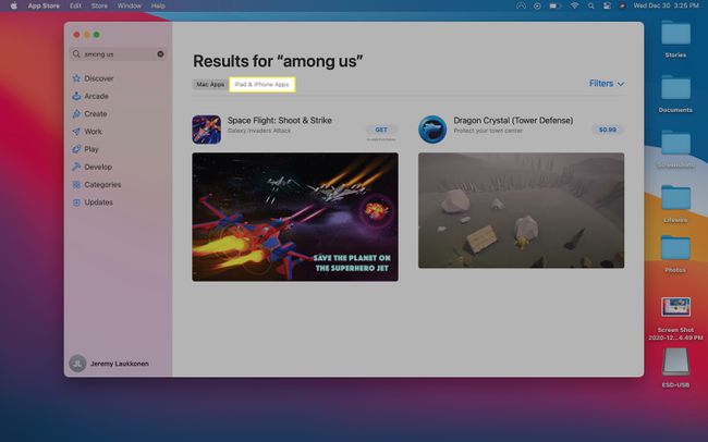Mac App Storen hakutulokset joukossamme, iPhone ja iPad -välilehti korostettuna.