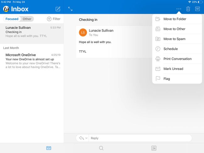 Outlook for iOS:n valikkovaihtoehdot.