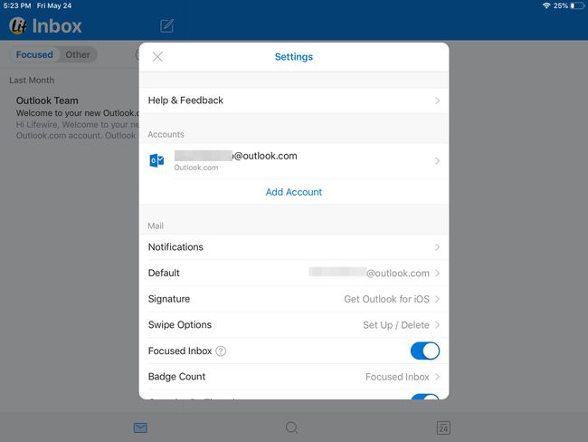 Asetukset Outlook for iOS:ssä.