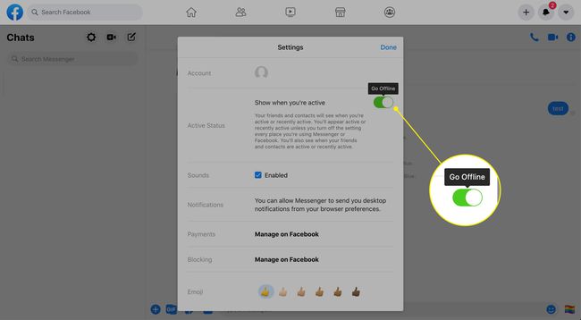 Siirry offline-tilaan -kytkin Facebook Messengerissä