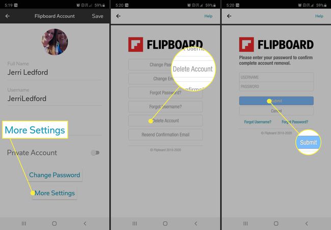 Näyttökaappaukset, joissa näytetään, kuinka Flipboard-tili poistetaan Lisää asetuksia -vaihtoehdon kautta.