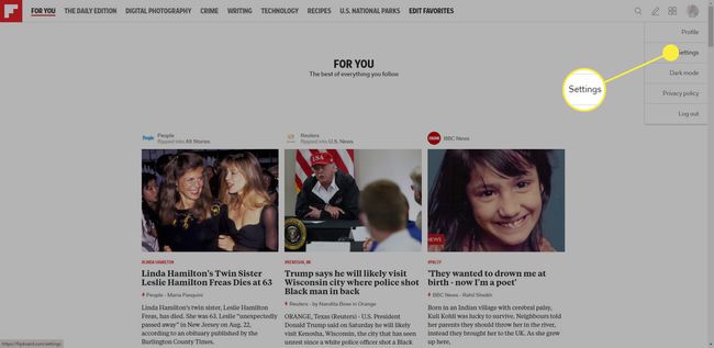 Asetukset-vaihtoehto Flipboardin verkkoversiossa.