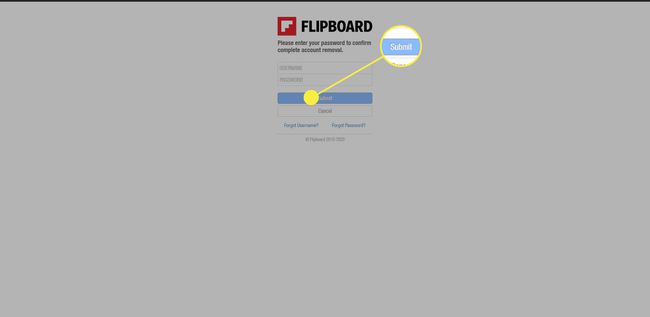 Lähetysvaihtoehto, kun profiili poistetaan Flipboardista.