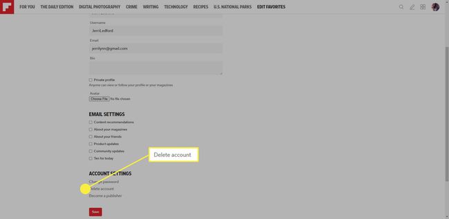 Poista tili -vaihtoehto Flipboardin verkkoversiossa.