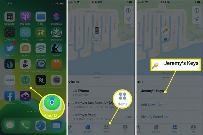 Find My app iPhonessa, jossa on kohteiden luettelo ja puuttuva AirTag