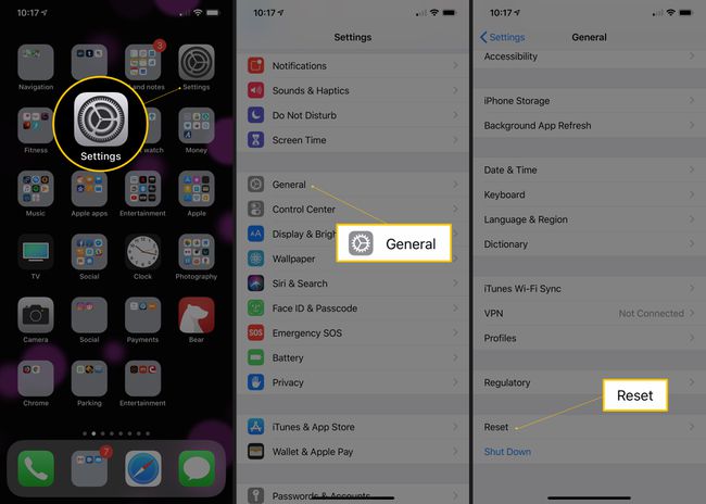 Kolme iOS-näyttöä, joissa on Asetukset-sovelluskuvake, Yleiset-välilehti ja Reset-painike