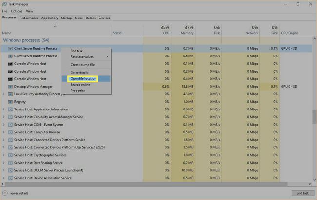 Windowsin Tehtävienhallinta korostaa Avaa tiedoston sijainti.