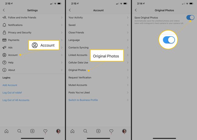 Tili, tallenna alkuperäiset valokuvat ja tallenna alkuperäiset valokuvat päälle iOS Instagram-asetuksissa