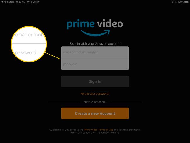 Kuvakaappaus Prime Video -kirjautumislomakkeesta iPadilla, mukaan lukien sähköposti- ja salasanakentät
