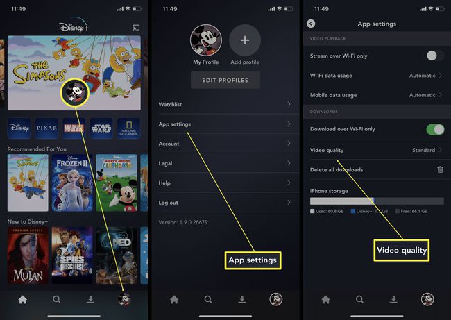 Disney Plus -sovelluksessa tarvittavat vaiheet ladattujen elokuvien ja ohjelmien videolaadun muuttamiseksi