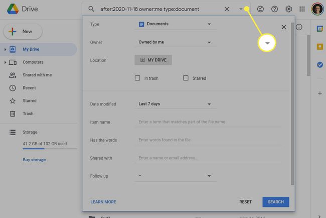 Tarkennetut hakuasetukset Google Drivessa.