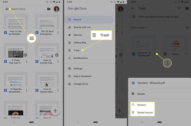 Android Google Docs -sovellus, jossa on poistetut tiedostot.