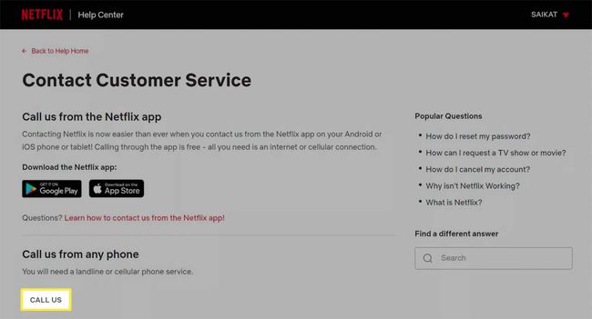 Netflix Soita meille -vaihtoehto Asiakaspalvelusivulta.