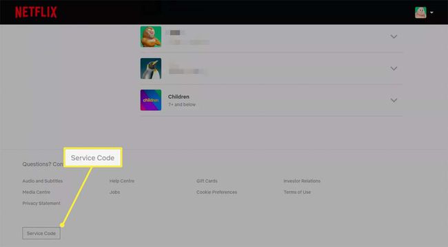 Netflix-tilisivu Service Code -painikkeella korostettuna.