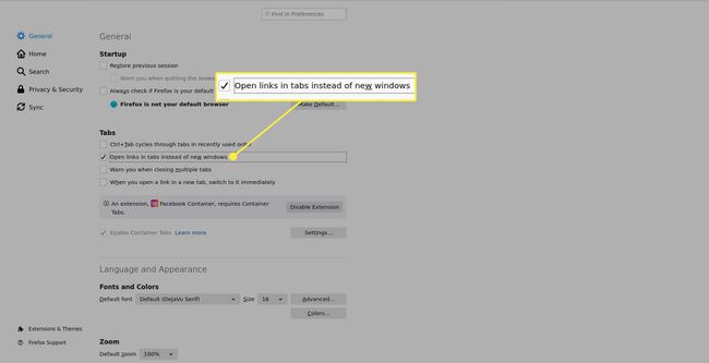 Firefoxin "Avaa linkit välilehdissä uusien ikkunoiden sijaan" -vaihtoehto